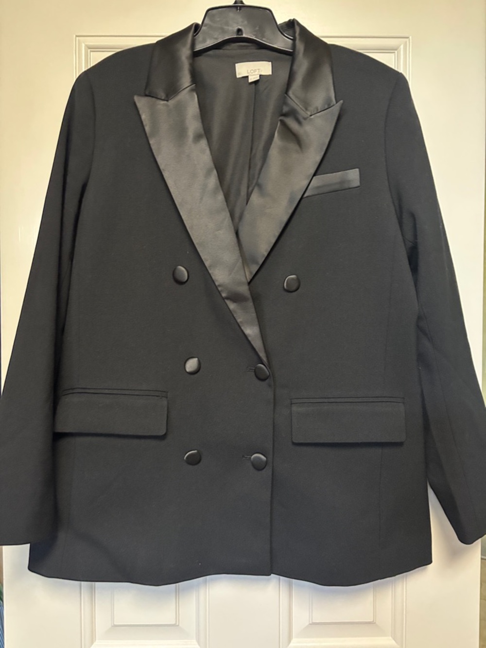 LOFT Black Satin-Trim Double Breasted Blazer